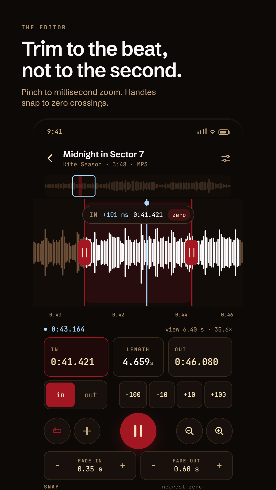 The editor: a waveform with in and out handles, the selection length, fades and snap controls.