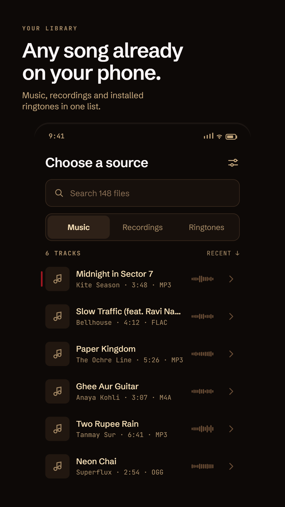 Choose a source: music, recordings and installed ringtones in one searchable list.