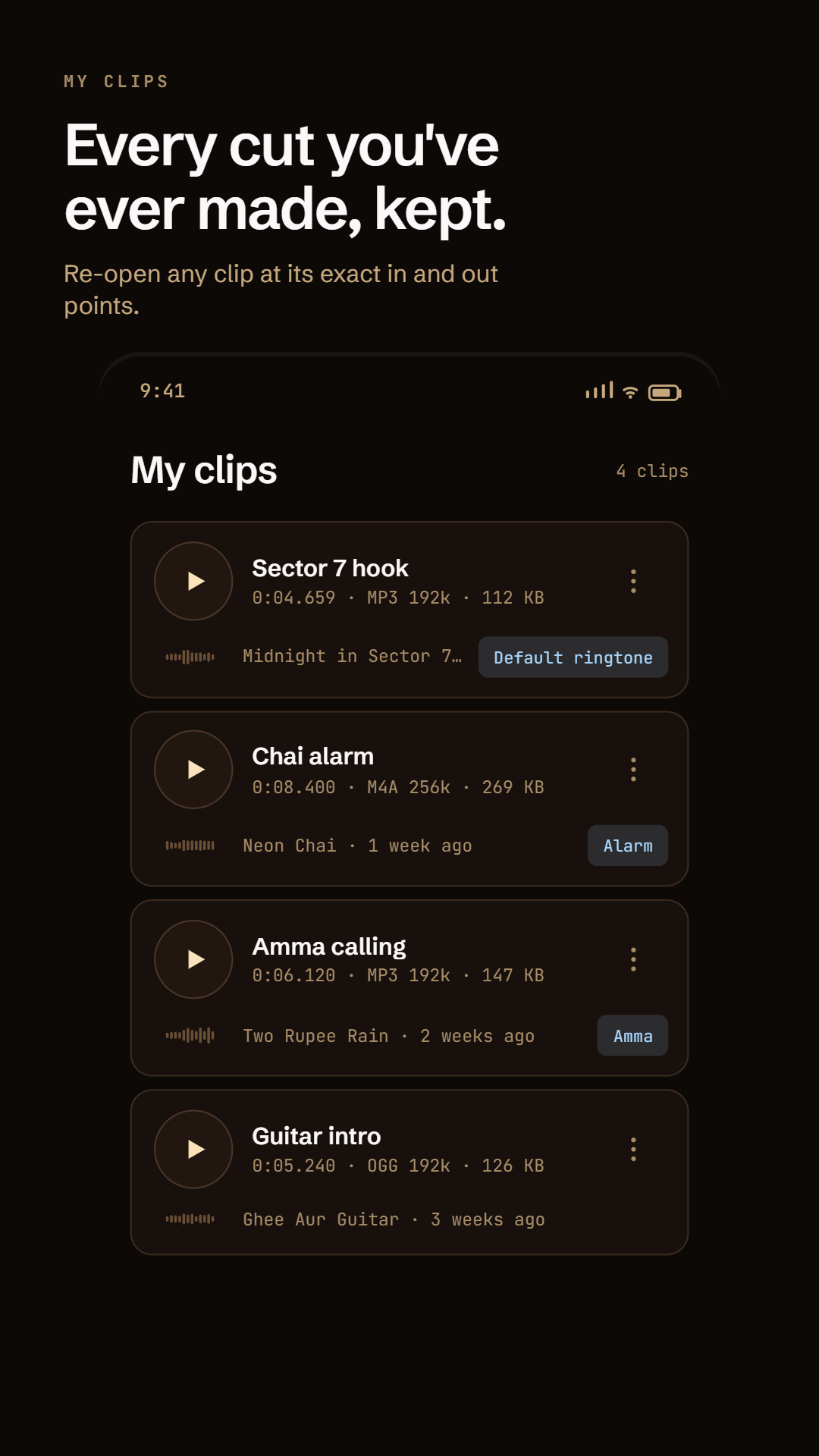 My clips: every clip you've made, with its format, size and where it's assigned.